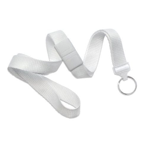 A Wide Breakaway Lanyard with Key Ring 2138-365X, made of white nylon with a safety breakaway feature, features an attached key ring and a plastic buckle against a plain background.