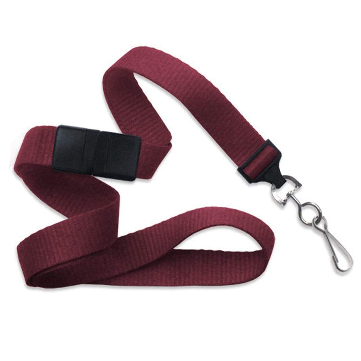Image of the Flat Wide Breakaway Lanyard with Swivel Hook - 5/8 Inch Width (2138-500X), maroon in color, featuring a black plastic breakaway clasp and a metallic swivel hook attachment.