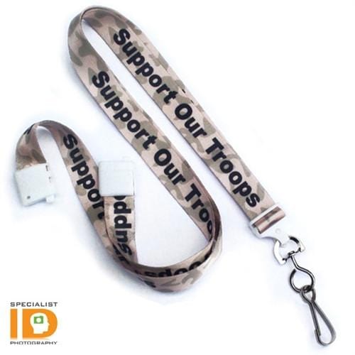 A Support Our Troops Camouflage Lanyards 2138-5250 with the text "Support Our Troops" repeatedly printed on it, featuring a metal swivel hook clip and a safety breakaway clasp.