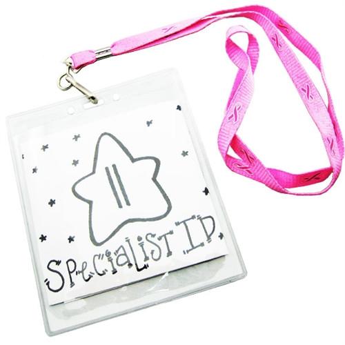 A 3/8" Awareness Lanyard with Pink Ribbon (P/N 2138-5288), containing a card that reads "Specialist ID" with a star and the number 11 in the design.