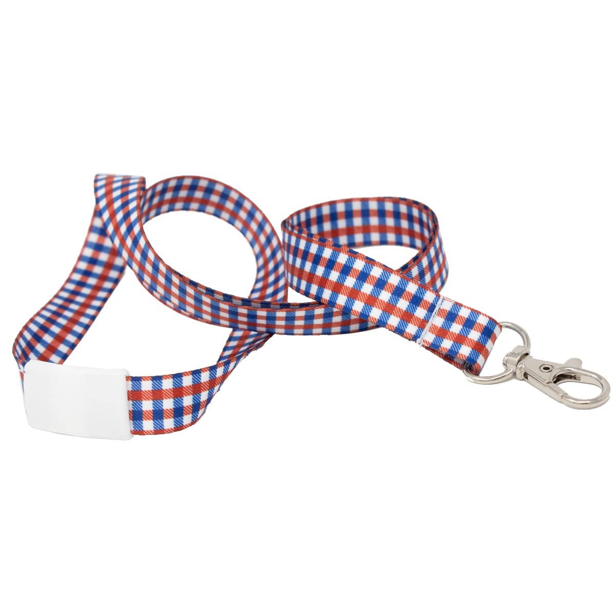 A blue, red, and white checkered lanyard with a metal clasp at the end, perfect as an ID badge holder. Show off your patriotic pride with this USA Plaid Breakaway 5/8" Lanyard with Lobster Hook (P/N 2138-5303).