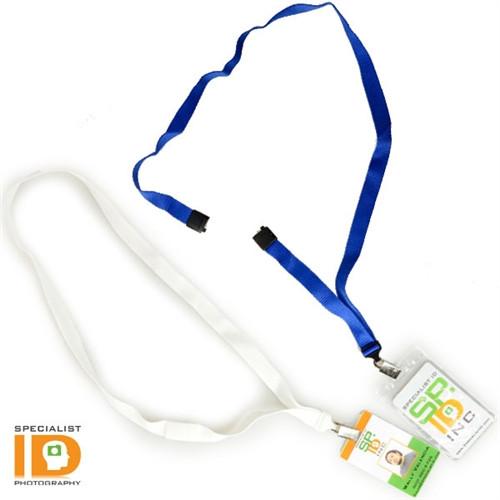 An image of two lanyards with ID badges attached. One lanyard, made from ribbed polyester, is blue and broken. The other is a white Wide 5/8" Breakaway Lanyard with Bulldog Clip (2138-600X) displaying an ID badge with a photo and company logo.