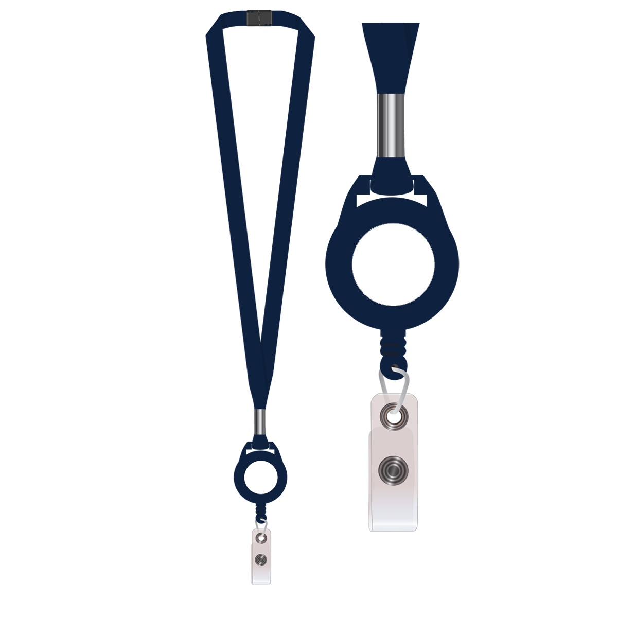 A dark blue Breakaway Lanyard with Custom Badge Reel Combo - Add Your Logo to Customize. The reel has a circular green center and a clear plastic clip for holding an ID badge. Two different perspectives are shown, highlighting the potential for custom lanyards to boost brand awareness while offering practical use through the stylish badge reels.