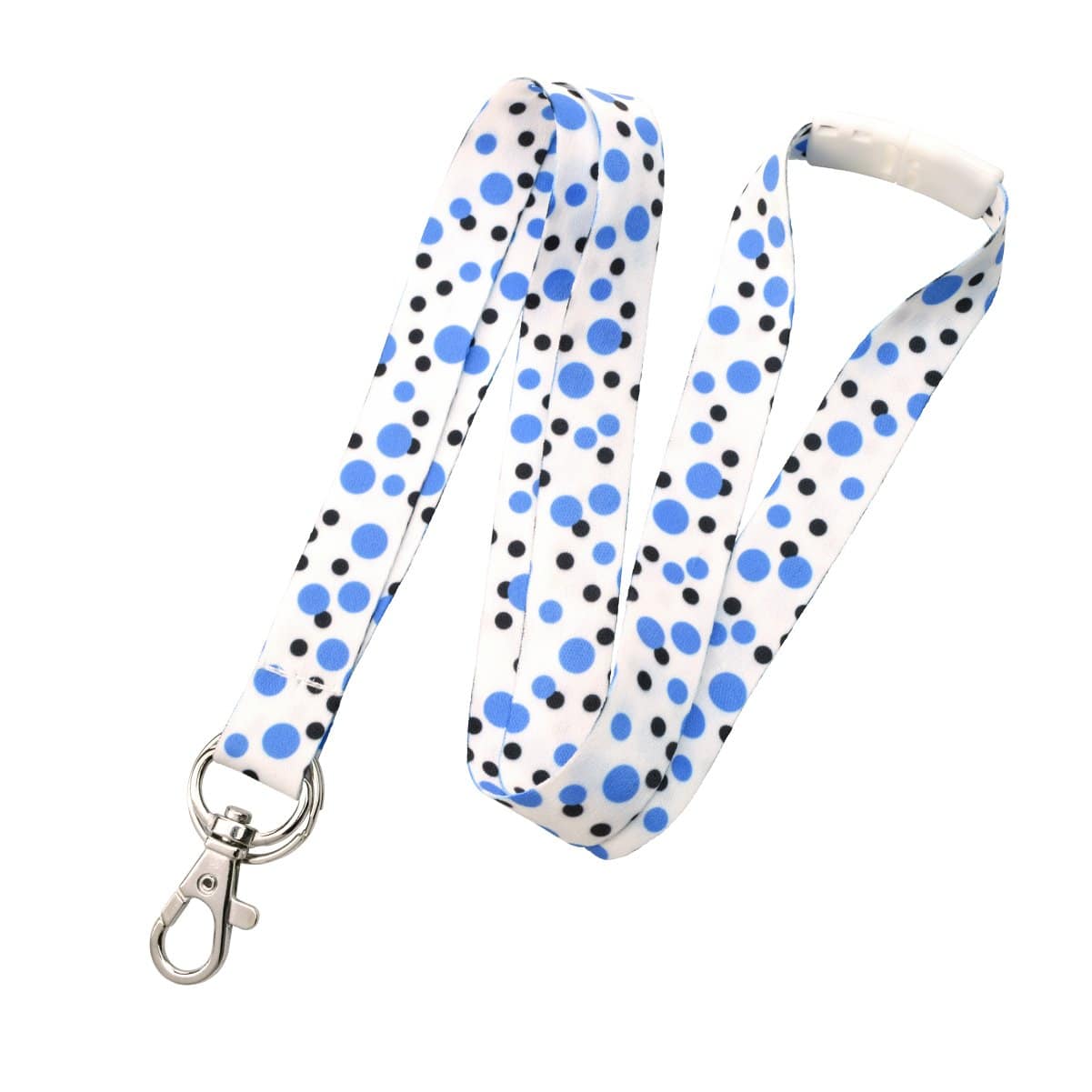 A Cute Polka Dot Pattern Fashion Lanyard With Lobster Hook And Key Ring(P/N 2138-728X) with a metal clip at one end and a safety breakaway feature.