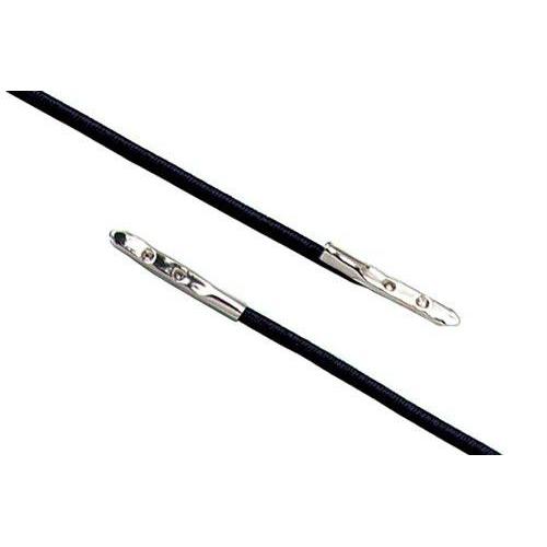 Two black, thin cables with metal ends. Each cable has one end pointed and ready to attach to a corresponding part, ideal for use as an Elastic Neck Cord - Double Ended Economy No Twist Lanyard for Side Holes (2140-15XX) or an elastic neck cord for securing your badge holder.