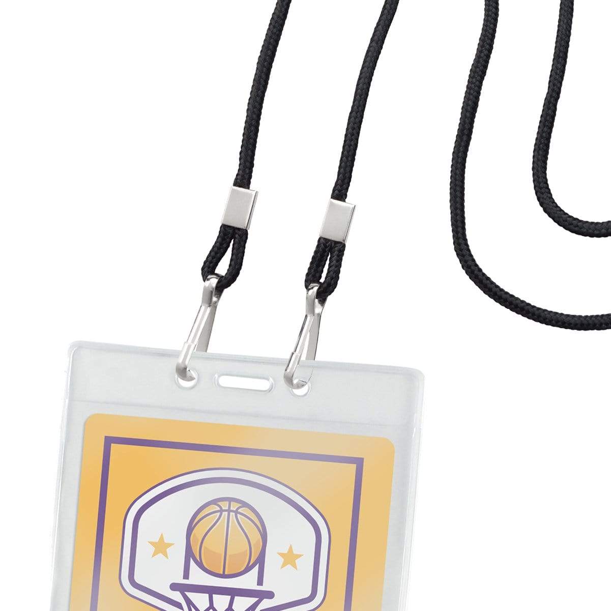 An ID badge holder encased in a clear plastic sleeve with a black lanyard attached, featuring a basketball-themed design. The lanyard includes the Round Special Event Lanyard with Two Clips 2140-580X for versatile wear options.