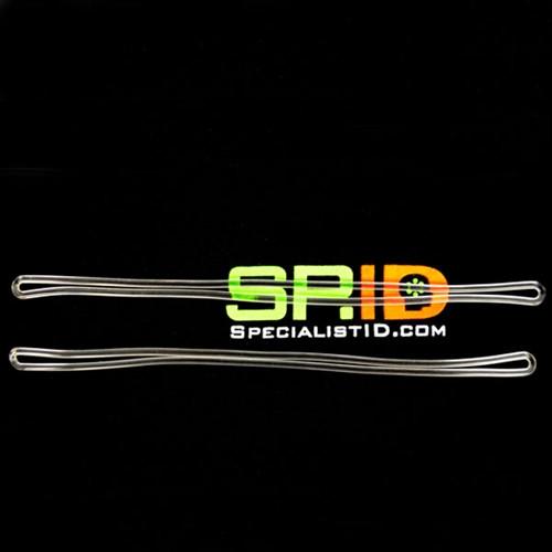 Two clear plastic loops are displayed horizontally on a black background, resembling Extra Long 9" Luggage Tag Loops - Clear Worm Loops for Luggage Tags (2410-2100). The text "SPID" and "SPECIALISTID.COM" is prominently featured in bright green and orange colors, making these perfect as a durable flexible strap for a luggage tag holder.