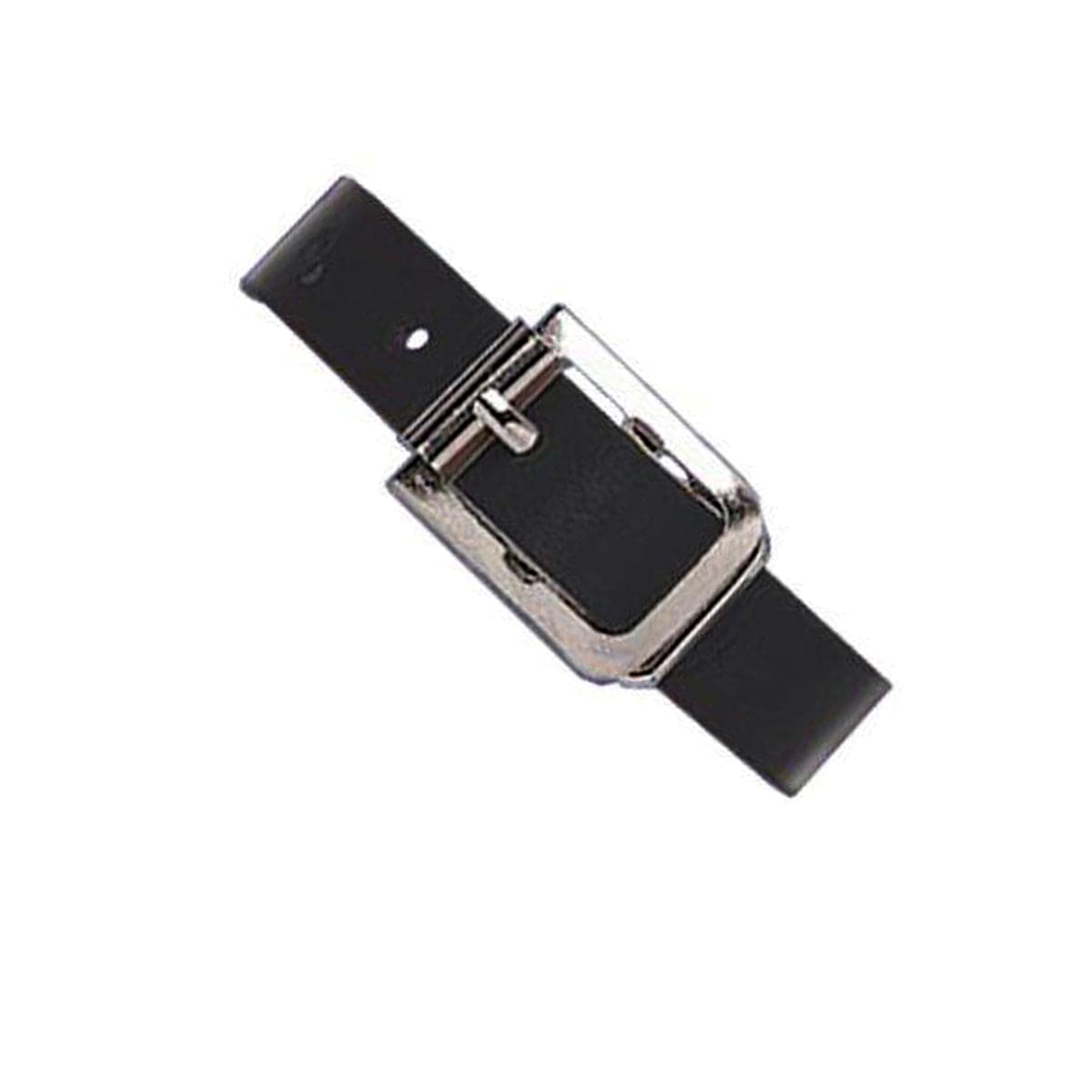 A Black Genuine Leather Luggage Strap W/ Nickel-Plated Steel Buckle, 3 Holes 2420-1071, isolated on a white background.