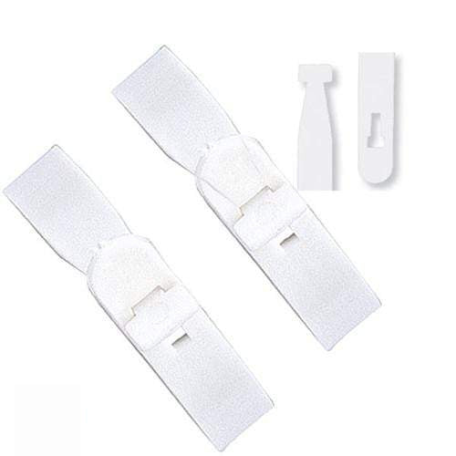 Two Vinyl "T" Lock Straps (P/N 2430-100X) with self-locking mechanisms and adjustable length, alongside two white plastic clips designed for a secure grip on cables or wires.