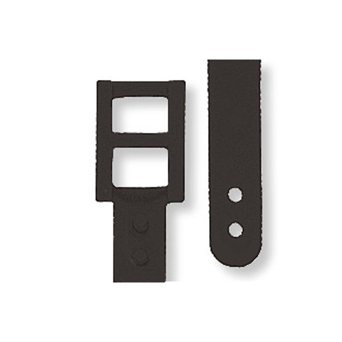 Image of two black metal strap buckles with rectangular frames and holes for fastening. The buckle on the left has a double frame, while the one on the right has two round holes. Perfect for pairing with a Plastic Dual Post Textured Luggage Strap 2430-200X for secure travel.