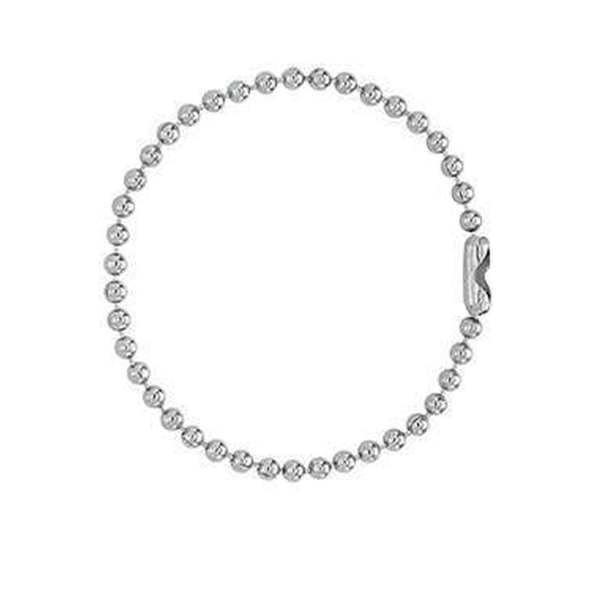 The product, Nickel-Plated Steel Ball Chain, 5", No. 4 Bead Size 2450-1080, is a circular silver ball chain with a clasp, featuring No. 4 bead size and made from nickel-plated steel, length of 5 inches.