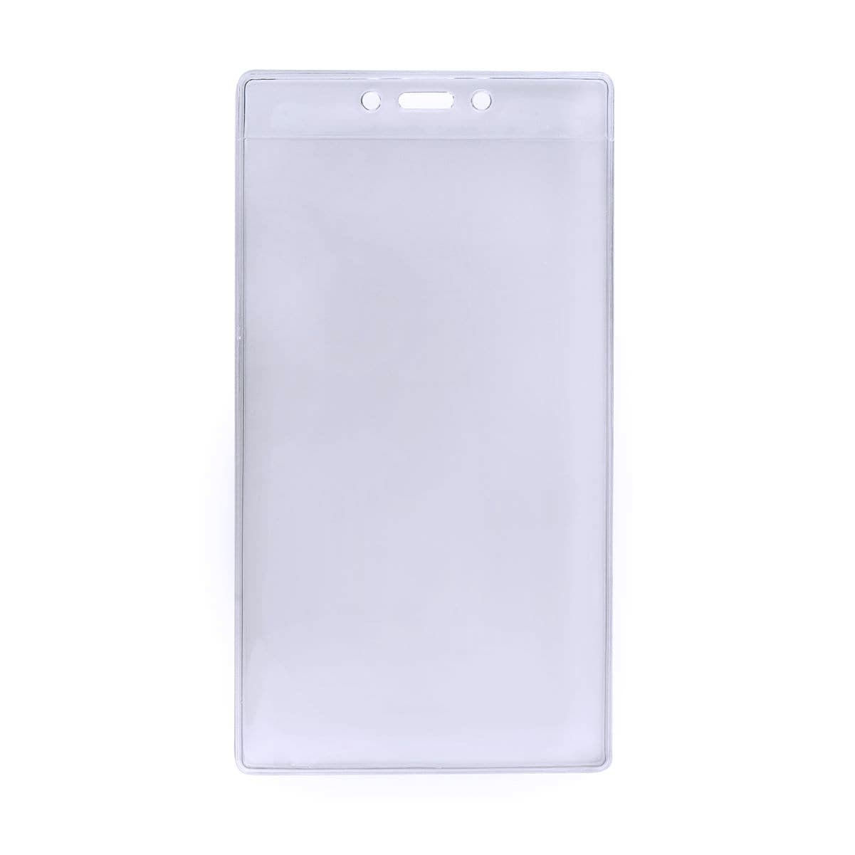 A 4 X 7 Clear Vertical Large Event Badge Holder (306-4258) with no visible card inside, featuring two punch holes at the top for secure hands-free attachment, perfect as a large event badge holder to display visible credentials.