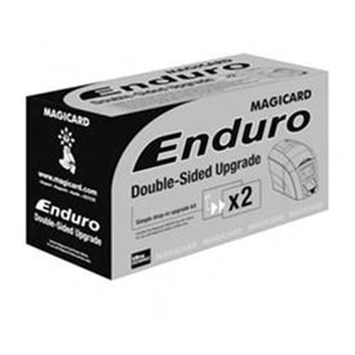 Box of MAGICARD 3633-0052 Enduro Duplex Printer Upgrade Kit, with black and white lettering, featuring text "Upgrade your Enduro to double-sided card printing" and design graphics on the front side.