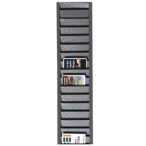 A vertical black and gray wall-mounted literature rack with multiple slots, containing three printed brochures or cards in the bottom slots, functions perfectly as a Vertical ID Badge Rack Card Holder (P/N 3905-0150).