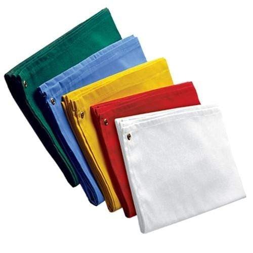 Five folded rectangular cloths in green, blue, yellow, red, and white, each with a metal grommet in one corner—ideal as Professional Photo ID Backdrops - Select Colors Available.