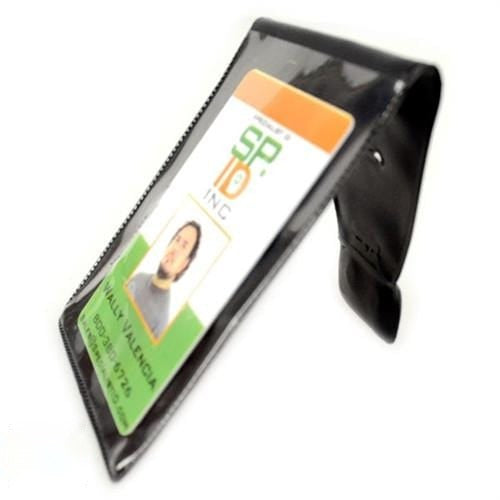 A photo of an Oversize Magnetic Vertical ID Badge Holder for CR100 Cards - 501-L in a clear vinyl holder standing upright. The badge has a photo, green and white background, and text.