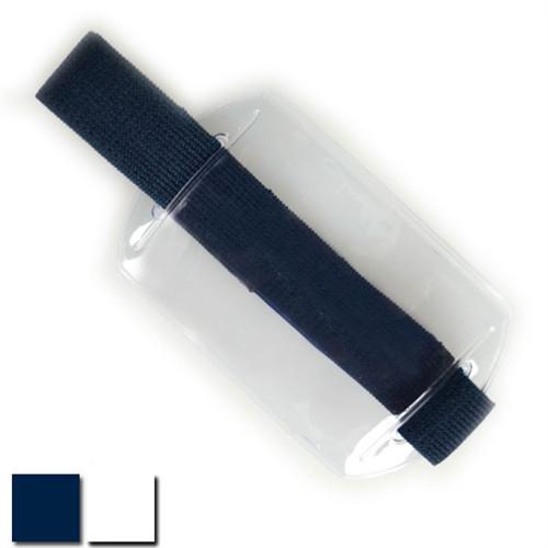 A Heavy Duty Horizontal Armband Badge Holder with Elastic Hook & Loop Strap (504-AR1X) running through it, featuring two swatches at the corner showing black and white color options.