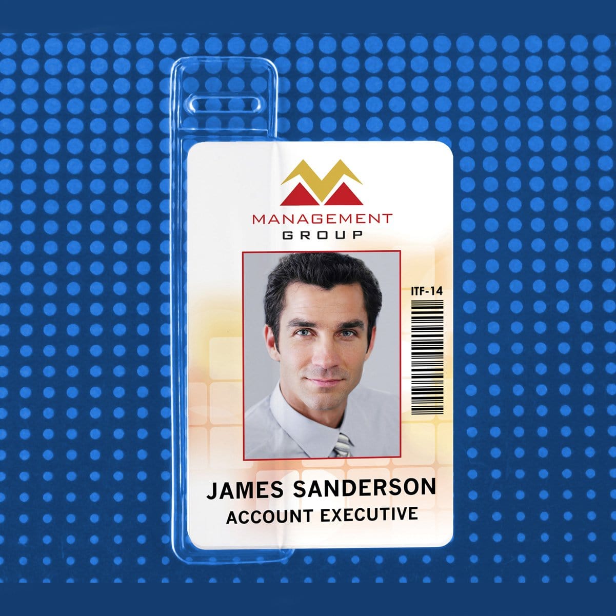 ID badge for "James Sanderson, Account Executive" at Management Group with a photo, barcode, and ID number ITF-14, set against a blue, dotted background. The Credit Card Size ID Badge fits perfectly into a Vertical Half Card Vinyl Holder with Slot (P/N 504-HC1) for easy access.