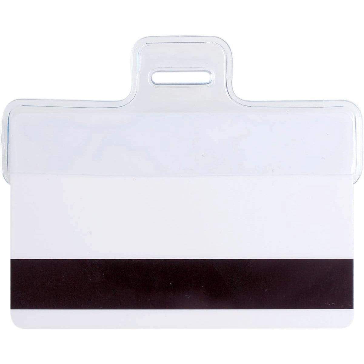 A Horizontal Half Card Vinyl Holder with Slot (P/N 504-HC2) white, credit card size ID badge with a black magnetic strip at the bottom, set in a clear vinyl holder with a slot for attachment.