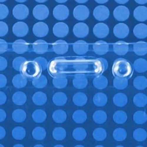 Close-up image of a blue surface with a pattern of evenly spaced, raised circular dots and a rectangular slot in the center, resembling an oversized 3X8 Clear Vinyl Vertical Extra Large Badge Holder (506-35875) ready for lanyard attachment.