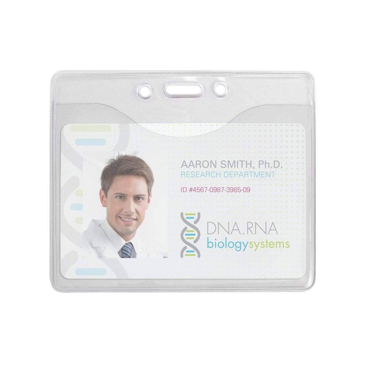 ID badge for Aaron Smith, Ph.D., from the Research Department at DNA.RNA biology systems. The badge includes his photo, name, role, and ID #4567-0987-3985-09. It fits perfectly in a 4 X 3 Name Badge Holders - Premium Horizontal Clear Vinyl Convention Size 4x3 Badge Holder (506-J) for easy display and protection.