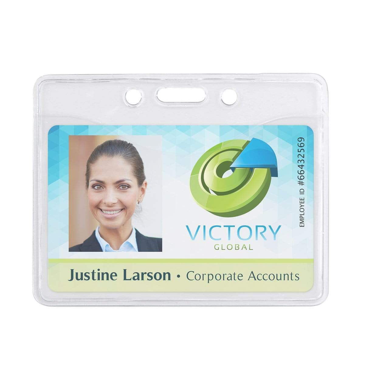 An employee ID badge for Victory Global showing a photo of Justine Larson from Corporate Accounts. The ID number is #66432569, securely enclosed in a Horizontal Premium Clear Vinyl ID Badge Holder (P/N 506-T1).