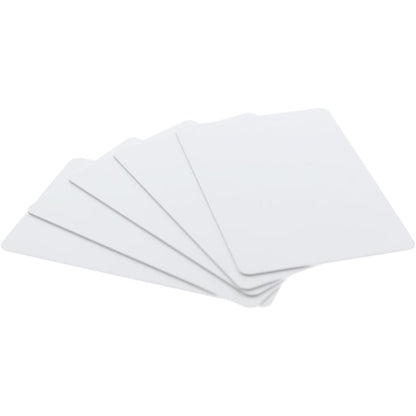 A spread of six Premium Blank PVC Cards for ID Badge Printers - Graphic Quality CR80 30 Mil (CR80), white, rectangular CR80 30Mil cards with rounded corners placed over one another on a white background.