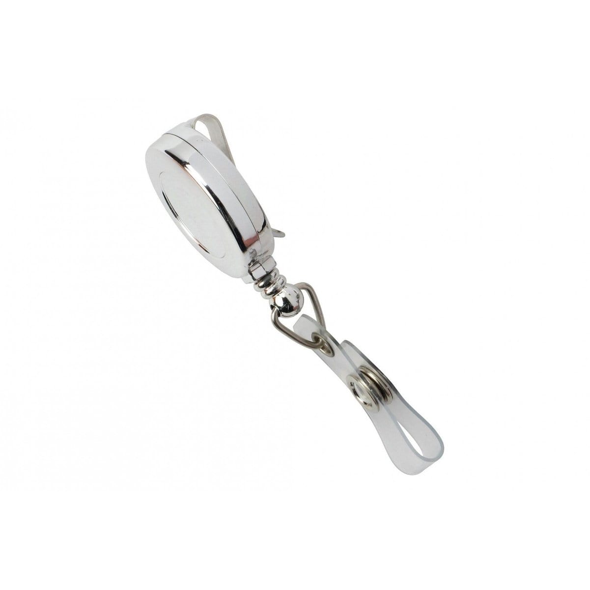 A Silver Chrome Plastic Badge Reel With Belt Clip (P/N 2120-3030) with a clip attachment and a clear vinyl strap.