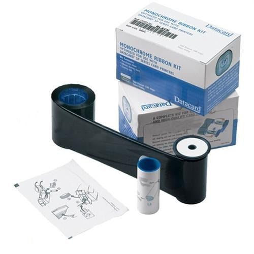 **Entrust (Datacard) 532000-053 K HQ Black Monochrome Ribbon & Cleaning Kit - 1500 Prints** for card printers, including a large roll of black ribbon, a blue and white roll, an instruction sheet, and the product box. Compatible with Entrust Datacard 532000-053 models.