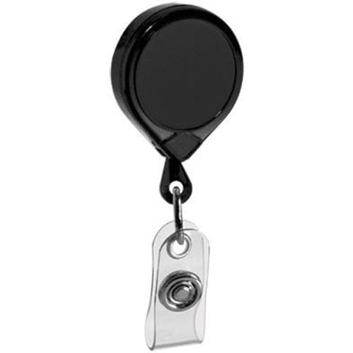 A sleek MINI-BAK Black Retractable Reel with 36” Nylon Cord, Vinyl ID Strap and Standard Belt Clip #57 for securely holding your ID badge.