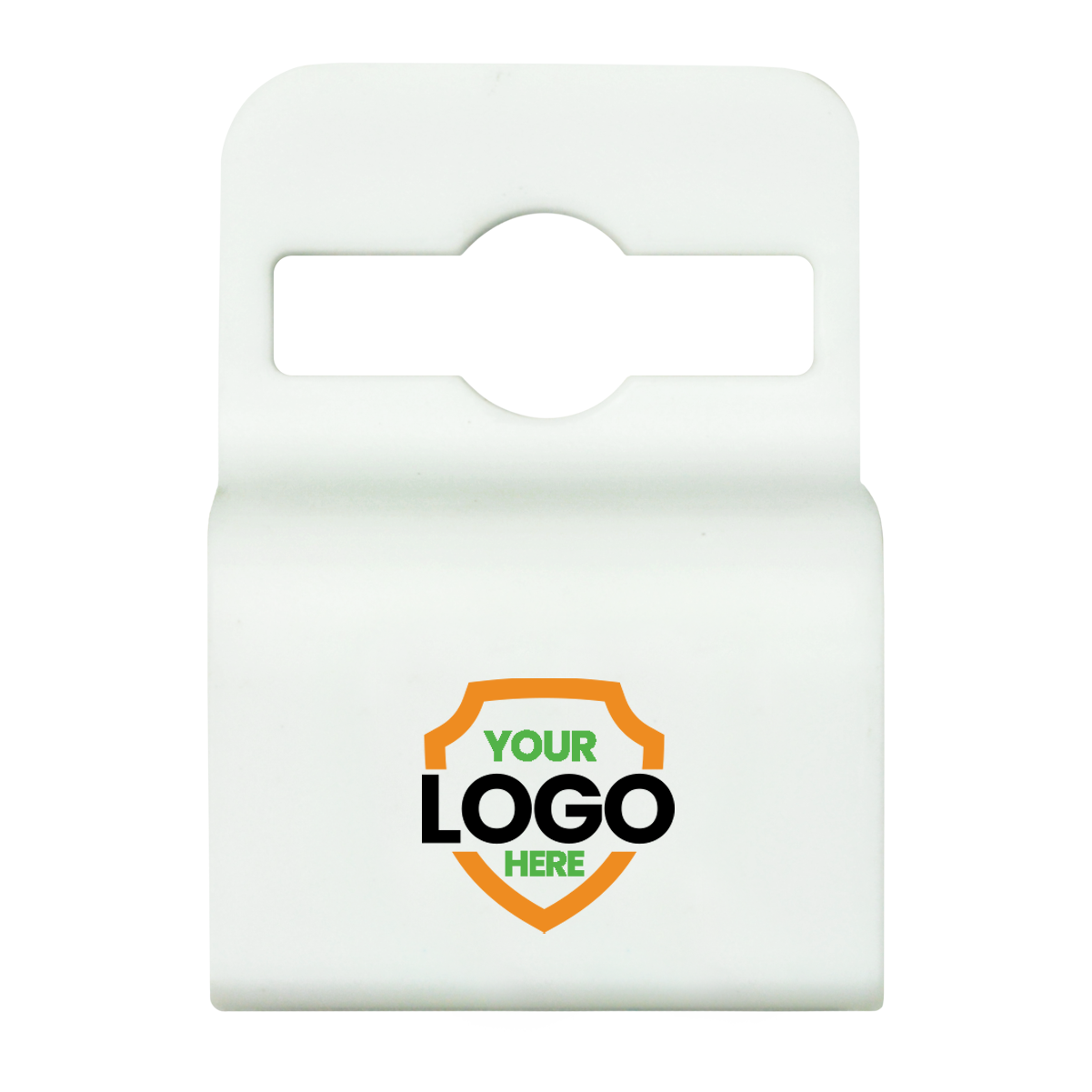 A white plastic clip with a hole at the top for hanging. It features a shield design with "YOUR LOGO HERE" text in the center, perfect for brand awareness promotion.