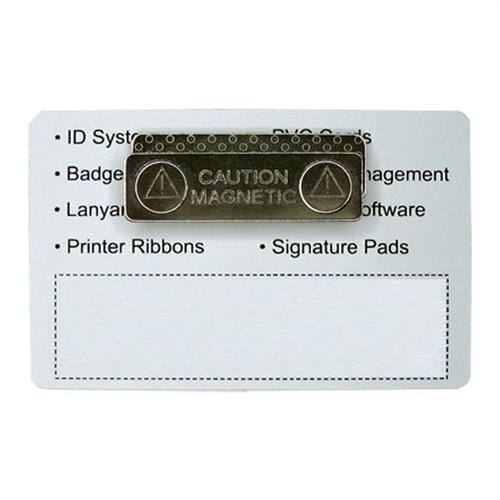 Magnetic ID Badge Holder Sticky Back (P/N 5730-3000) with a back clip. The badge lists various services, including ID systems, badge management, lanyards, printer ribbons, and signature pads. A blank space is at the bottom for customization.