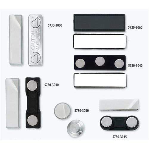 Various models of magnetic badge holders are arranged on a white background, labeled with product codes including 5730-3000, 5730-3010, Magnetic Badge Finding, 1 Zinc-Plated Steel Encased Disc (P/N 5730-3030), 5730-3040, 5730-3060, and 5730-3015.