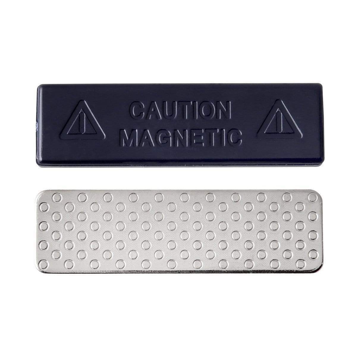 A black rectangular magnet with "Caution Magnetic" and warning symbols on one side, paired with a silver rectangular metal bar featuring a dotted pattern, creates a secure grip for your items. This Magnetic Badge Finding, 3 Round Magnets (P/N 5730-3040) combines functionality and style in its lightweight design.