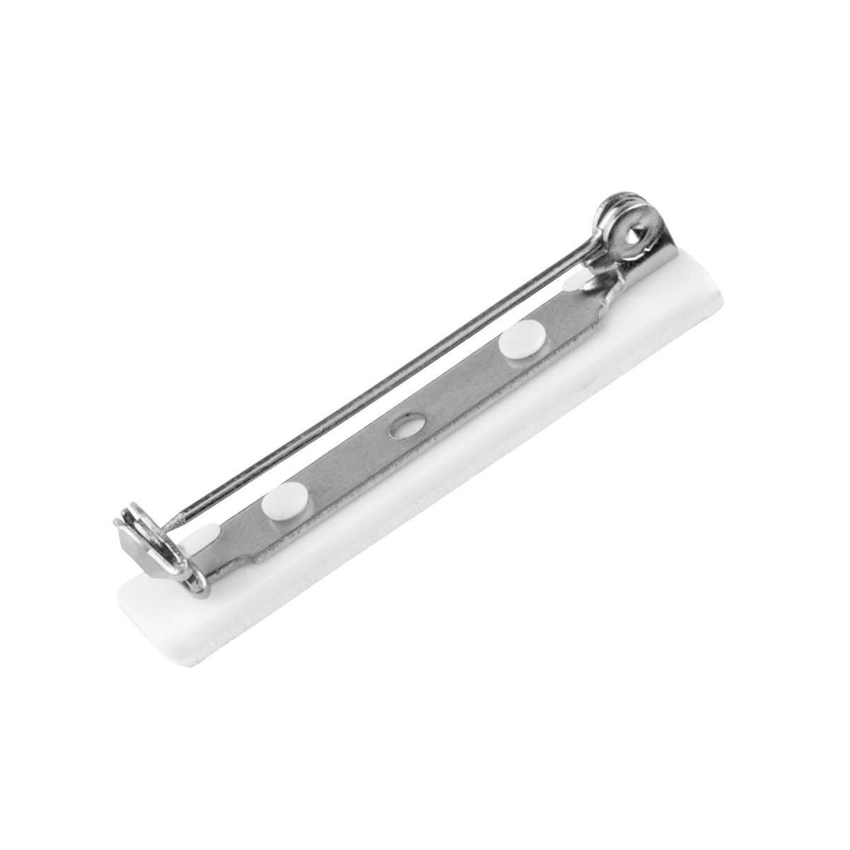 A Pressure-Sensitive 1 1/2 inch Nickel-Plated Steel Bar Pin with Adhesive Pin Back (P/N 5735-1100) with a white plastic backing, featuring an adhesive bar pin and a hinged pin mechanism for fastening.