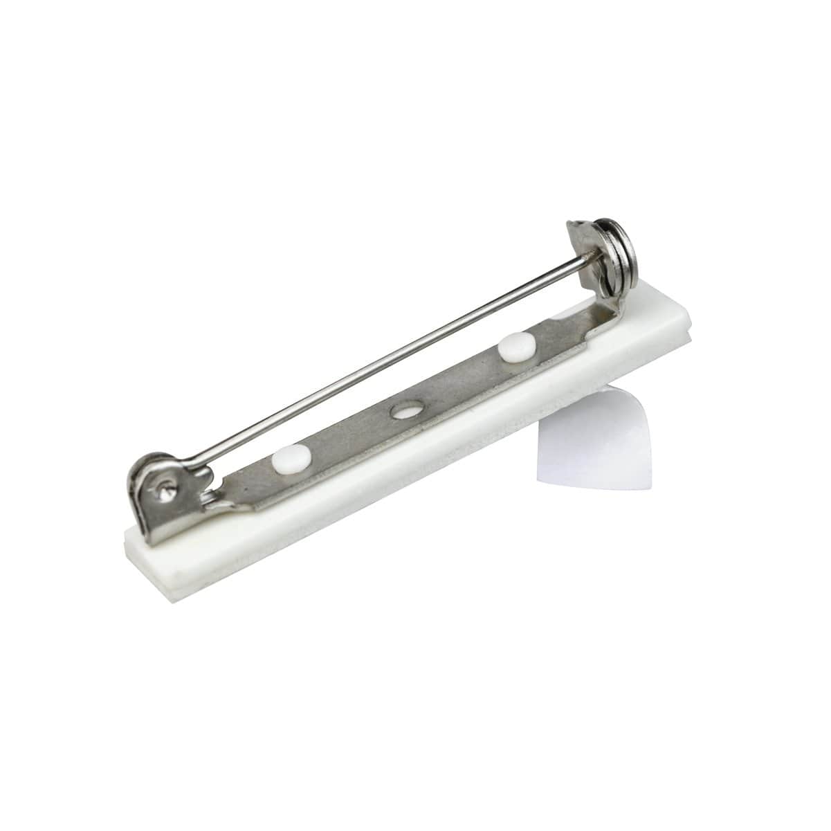 A Pressure-Sensitive 1 1/2 inch Nickel-Plated Steel Bar Pin with Adhesive Pin Back (P/N 5735-1100), typically used for fastening ID badges or name tags.