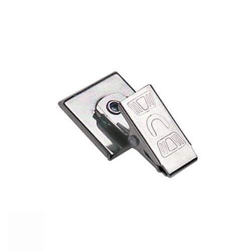 A Pressure-Sensitive Nickel-Plated Clip, Embossed "U" Bulldog Clip with Adhesive Back 5735-2100 featuring a metal spring-loaded mechanism, with a flat rectangular base and a perpendicular top section for gripping items.
