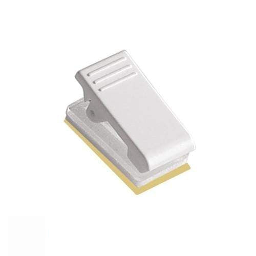 Pressure-Sensitive Adhesive Back Plastic Clip (5735-3008) with a gold-colored strip at the bottom, designed for holding papers or similar items with secure attachment using pressure-sensitive adhesive.
