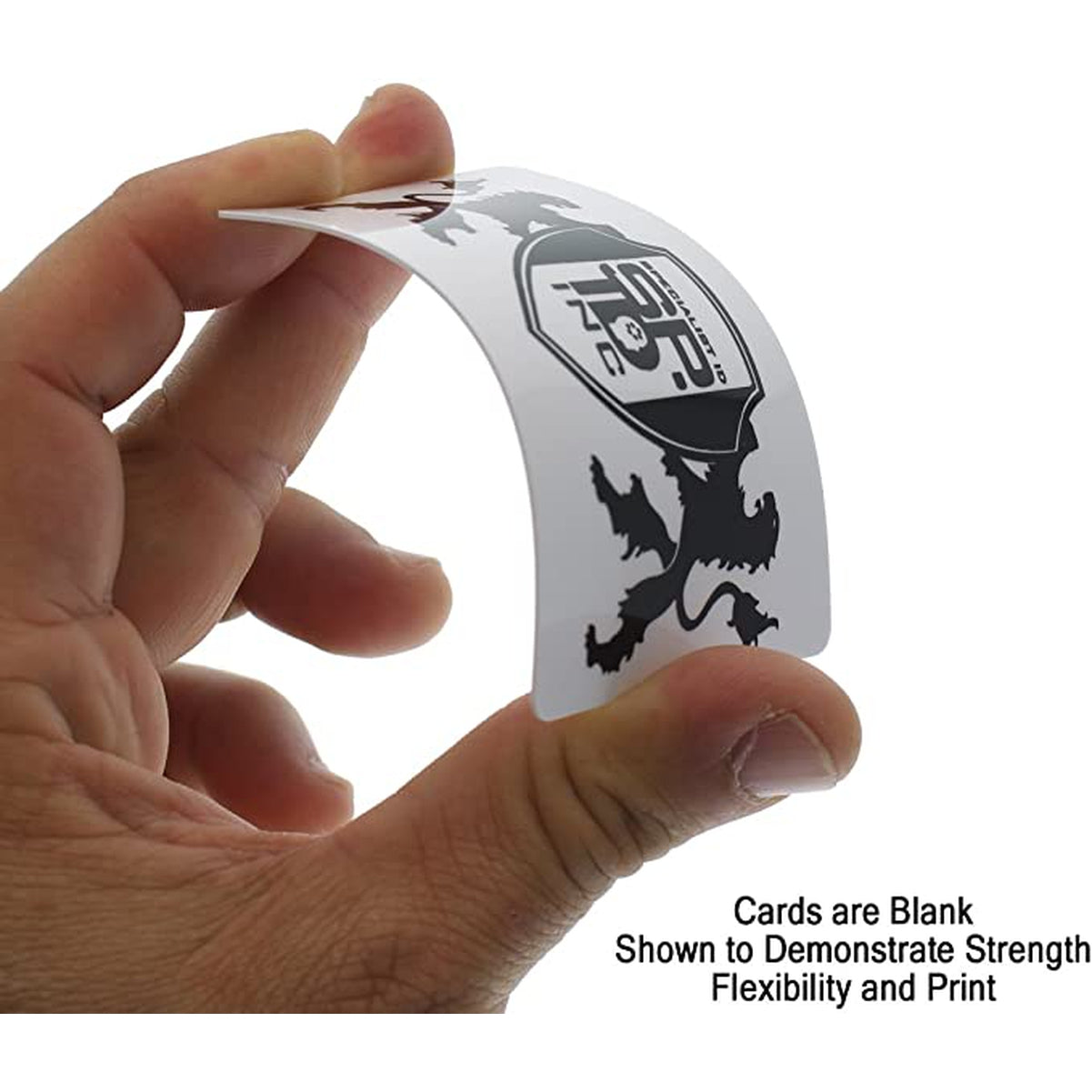 A hand bends a Premium Blank PVC Cards for ID Badge Printers - Graphic Quality CR80 30 Mil (CR80), demonstrating its flexibility and strength. Text indicates that the card is blank to showcase print quality, making it ideal for ID badge printers and creating professional employee ID badges.