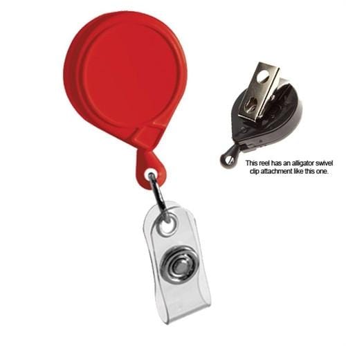 A MINI-BAK #69 Red Retractable Reel with 36” Nylon Cord, Vinyl ID Strap and Swivel Clip 0069-005 featuring a retractable reel with a nylon cord, metal clip attachment, and clear plastic strap, designed for holding and displaying identification cards.