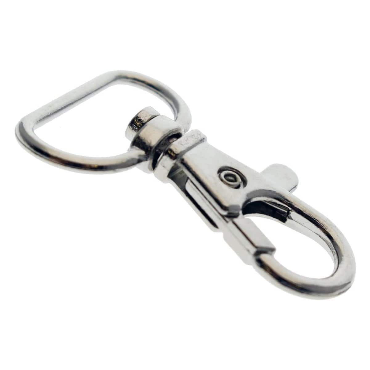 A Premium Metal Lobster Claw Clasp with Wide ¾ Inch D Ring and 360 Swivel Snap Clasp Trigger ID / Key Clip (6920-2360), perfect for lanyard making, features a rectangular loop and a spring-loaded clasp.