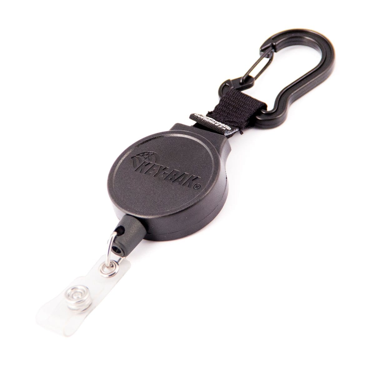 A black KEY-BAK Mid Size Retractable ID Carabiner (6CID) with a plastic clip and a sturdy, heavy-duty carabiner attached. It features "KEY-BAK" embossed on it.