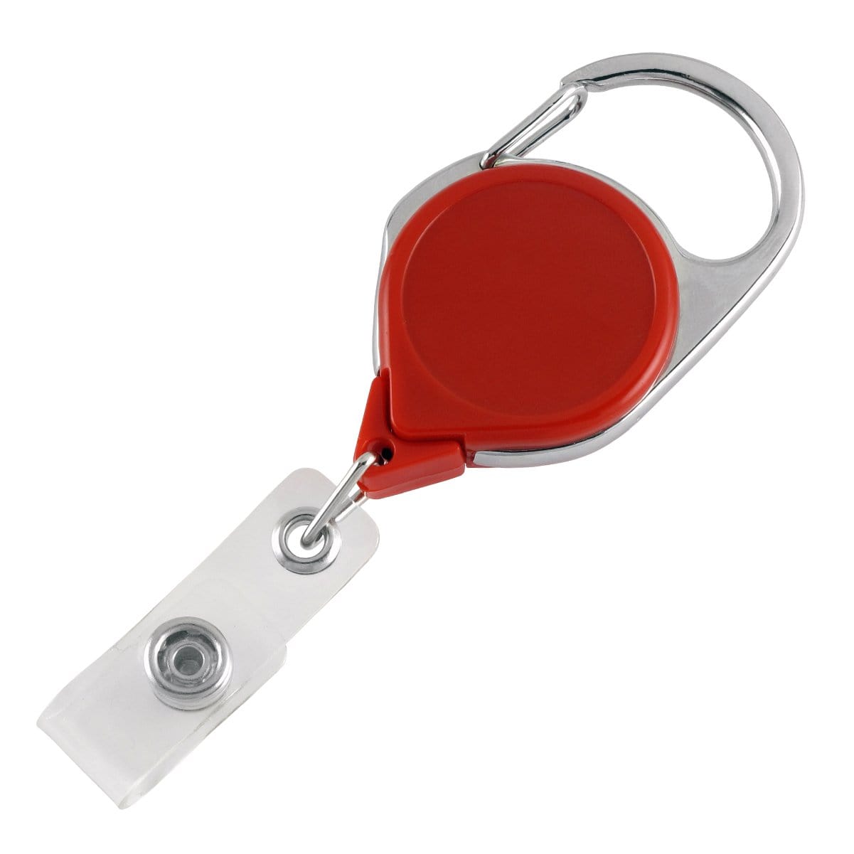 Carabiner No Twist Badge Reel (P/N 704-CB) with a red plastic housing, attached to a metal carabiner clip and a clear vinyl strap with a snap. The no twist design ensures your badge stays facing forward.