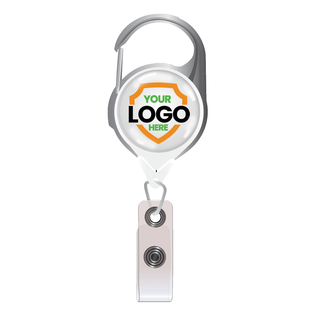 A Custom Printed No Twist Carabiner Badge Reel With Belt Clip - Upload Your Logo with a clip at the top and a clear strap at the bottom. The center displays a shield icon with the text "Your Logo Here." These custom badge reels are perfect to promote brand awareness effortlessly.