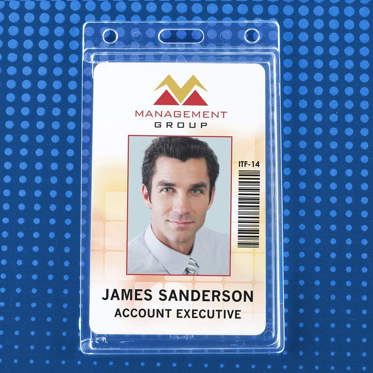 Credit card sized ID badge for "Management Group" with a photo of James Sanderson, Account Executive. The badge number is ITF-14 and fits perfectly in a Vertical Crystal Clear Card Holder (P/N 726-CSN) - Side Load with Thumb Notch Removal.