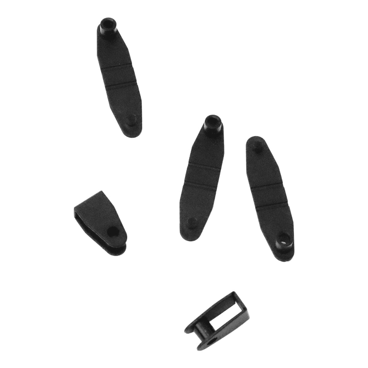 Five black plastic clips of varying shapes and sizes, including one Black Hang Rite Badge Strap Connector (HR-BLACK) by Specialist ID, placed on a white background.