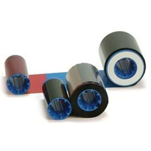 Four different-sized rolls of color ribbon on a white background, with portions of red and blue ribbon visible, perfect for Zebra 800015-148 YMCKOK Color Eltron Ribbon - 170 Prints.