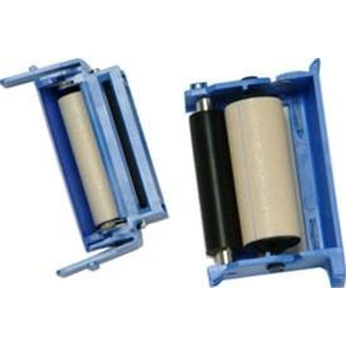 Two blue plastic holders, each containing a cylindrical roller: one with a beige roller and one with a black roller. These ZEBRA 800015-802 Card Cleaning Cartridge - 3000 cards are compatible with Zebra 800015-802 models and seem to be part of Zebra card printers.