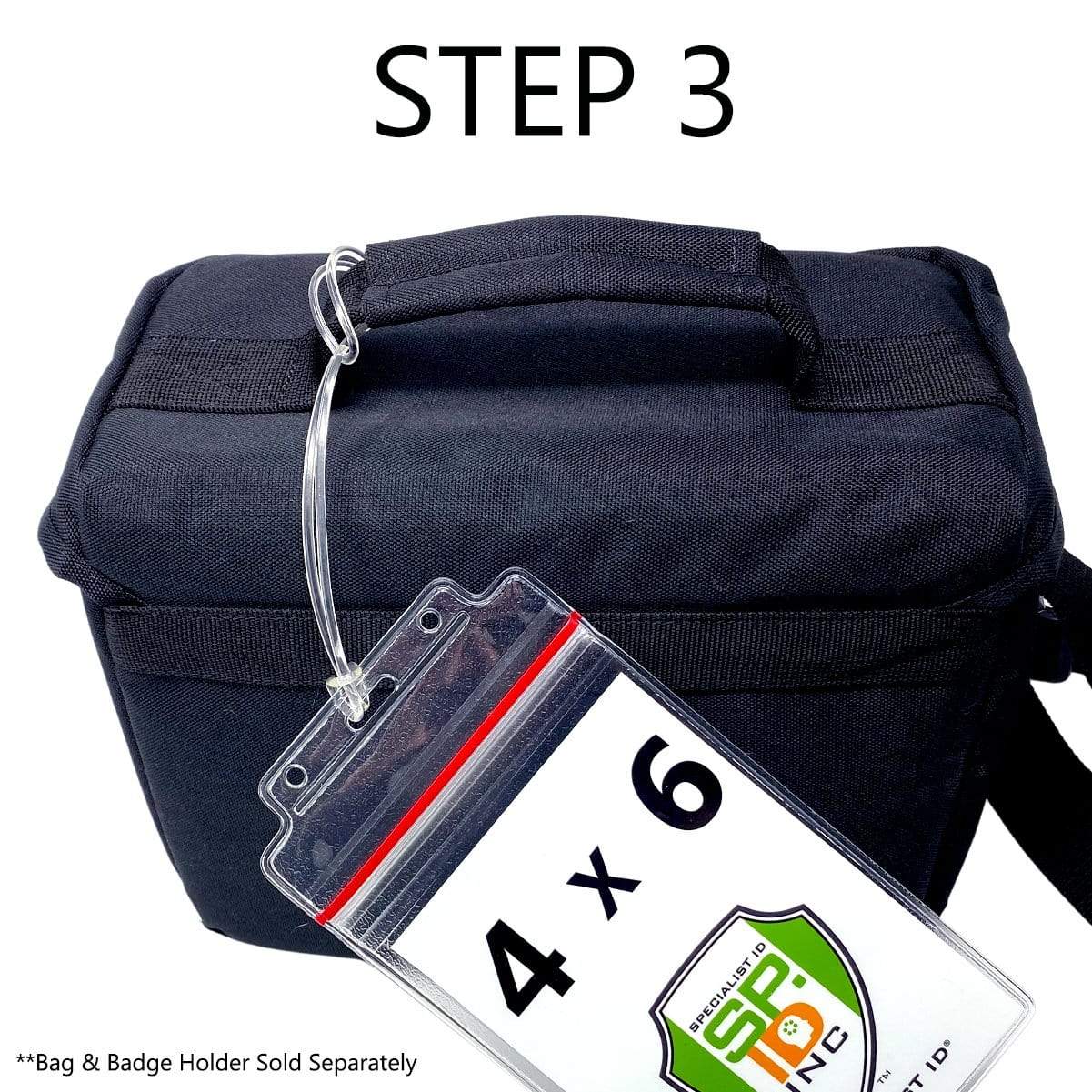 A black bag with a plastic badge holder and durable flexible strap attached to it. The badge displays "4 x 6" and a logo. "STEP 3" is written above the bag, while "*Extra Long 9" Luggage Tag Loops - Clear Worm Loops for Luggage Tags (2410-2100) Sold Separately" is noted below.