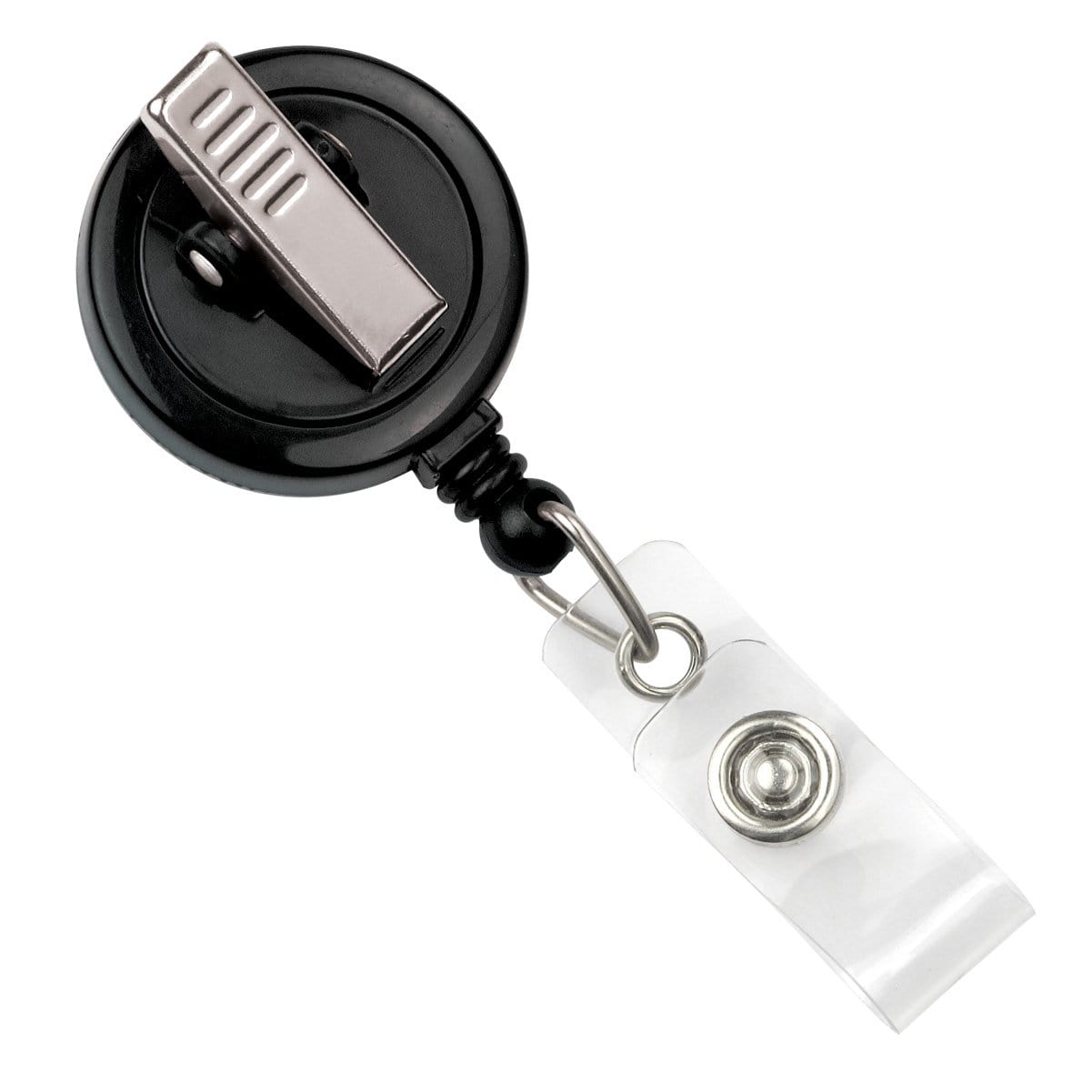 A sleek black and silver Custom Max Label Badge Reel with 1 Inch Smooth Face and Swivel Spring Clip - Personalize with Your Logo that helps promote brand awareness with its professional image. Perfect for custom badge reels.